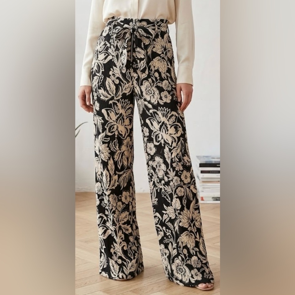 ZARA Black and Beige Floral Wide Leg Pants
